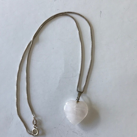 Sterling Silver Box Chain Rose Quartz Pink Heart Pendant Necklace 16 Inch - Picture 5 of 8